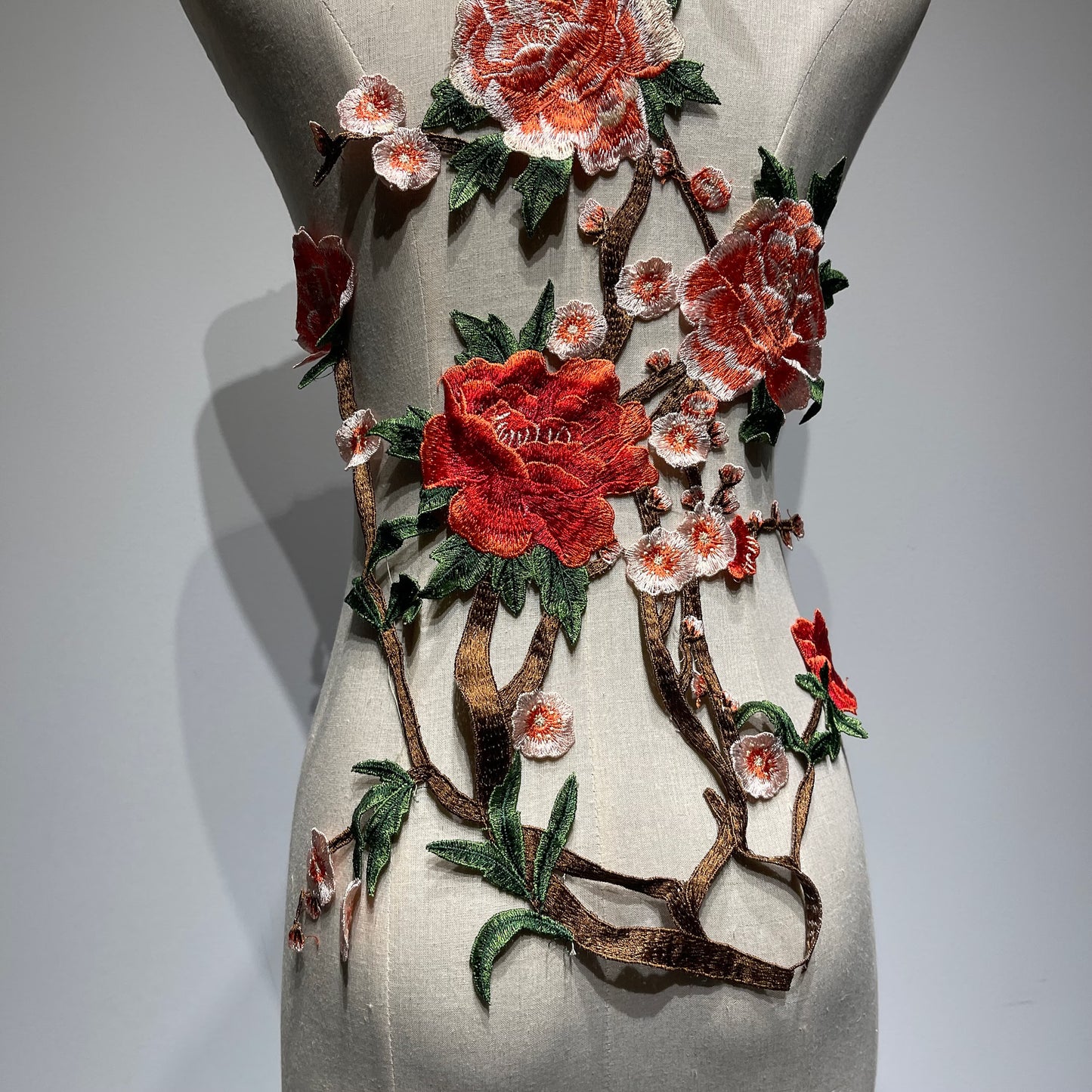 Large Floral Peony Embroidered Lace Patch | Orange Red & Pink Blossom Bodice Applique for Dresses - 70x32cm