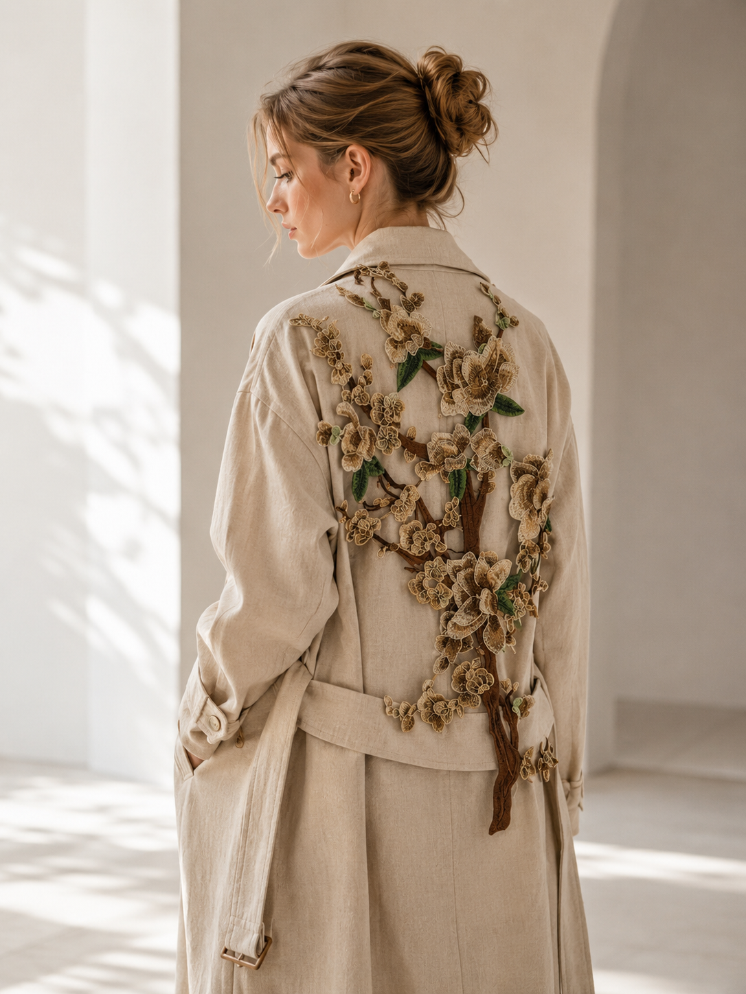 Large Floral Plum Blossom Embroidered Lace Patch | Warm Beige & Brown Branch Bodice Applique for Dresses - 60x40cm