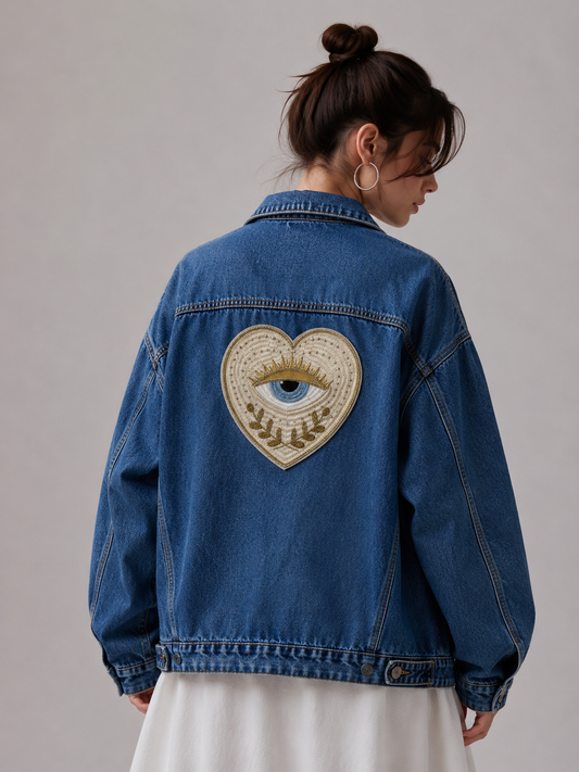 Fashion model wearing a denim jacket customized with the 19cm luxury hand-beaded sacred heart evil eye embroidery patch on the back, showcasing a trendy bohemian couture clothing DIY style