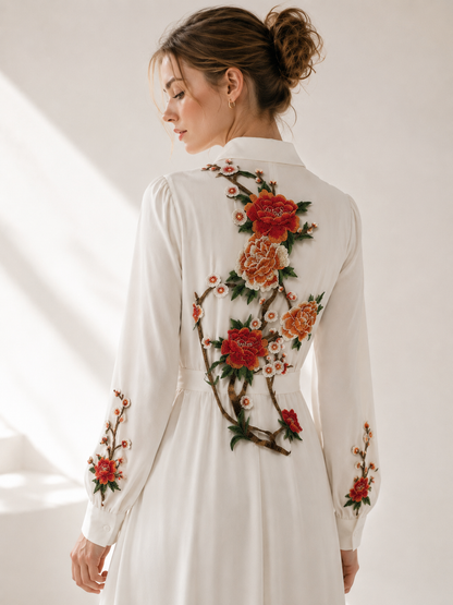 Large Floral Peony Embroidered Lace Patch | Orange Red & Pink Blossom Bodice Applique for Dresses - 70x32cm