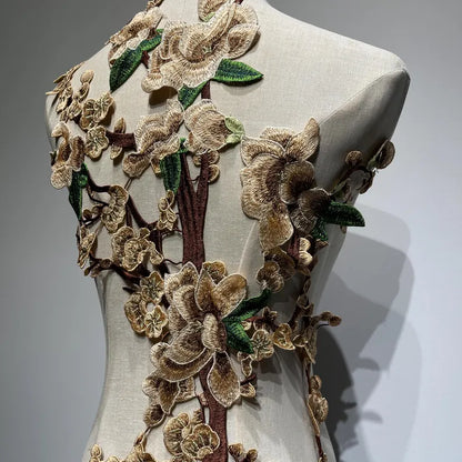 Large Floral Plum Blossom Embroidered Lace Patch | Warm Beige & Brown Branch Bodice Applique for Dresses - 60x40cm