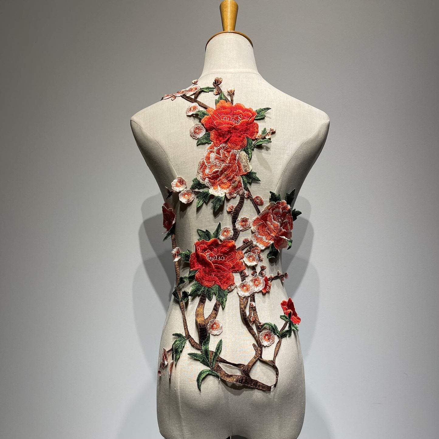 Large Floral Peony Embroidered Lace Patch | Orange Red & Pink Blossom Bodice Applique for Dresses - 70x32cm