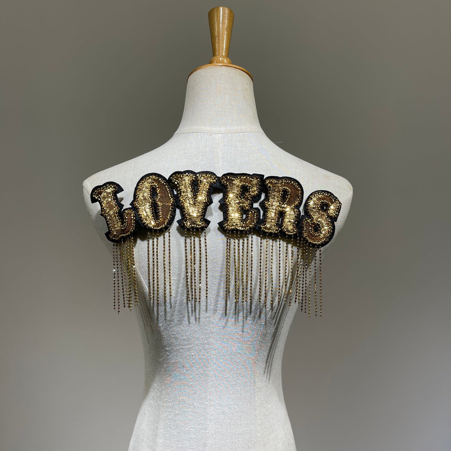 Gold Sequin LOVERS Letter Patch | Handmade Rhinestone Accents & Tassels