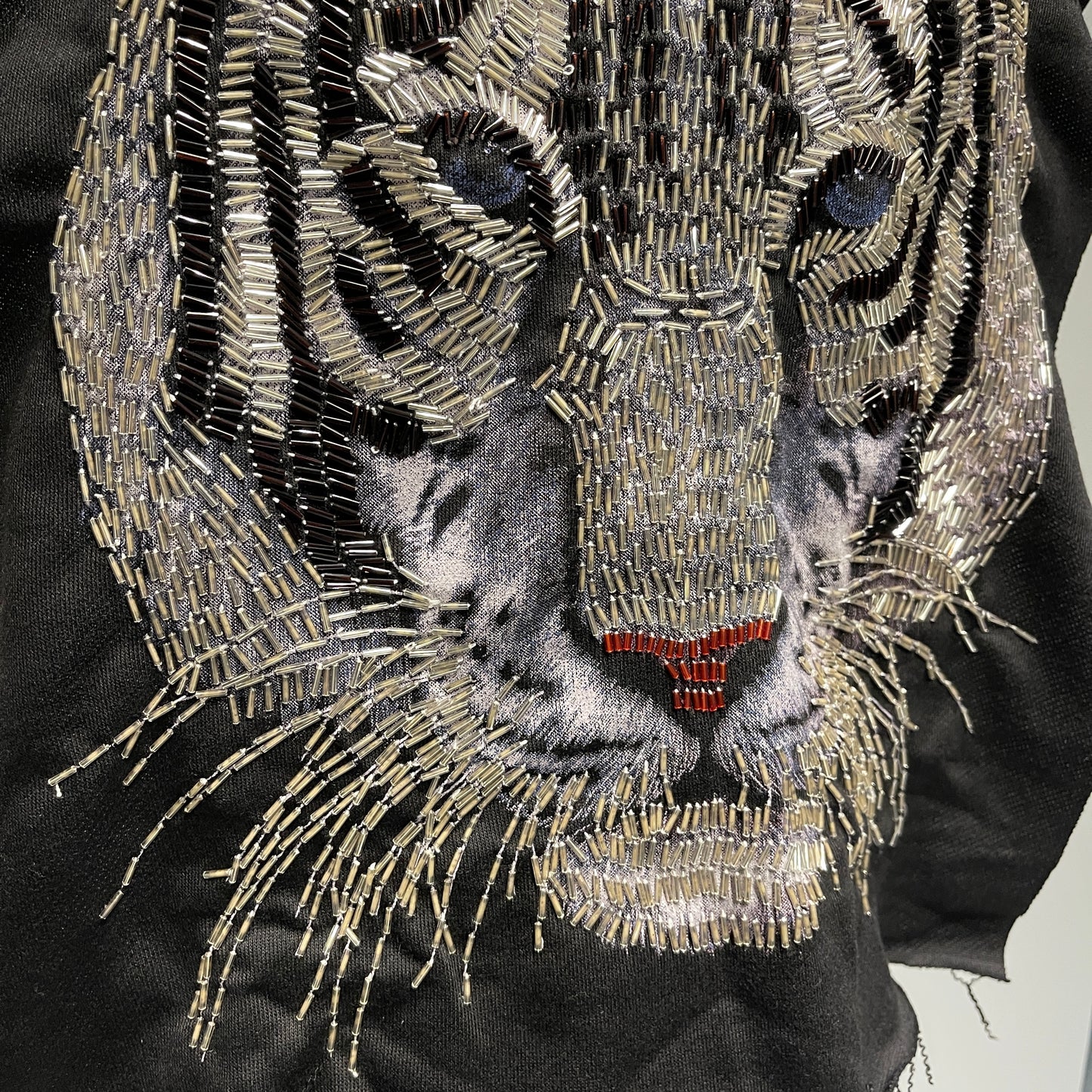 Extra Large Beaded White Tiger Head Patch | Tiger Head Print with Intricate Beading