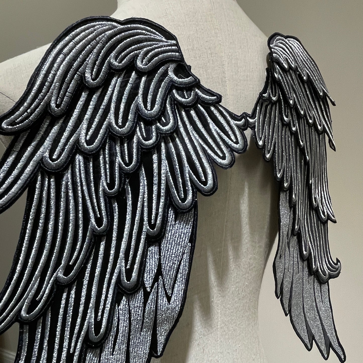 Large Silver 3D Embroidered Angel Wings Patch | Heavenly Applique