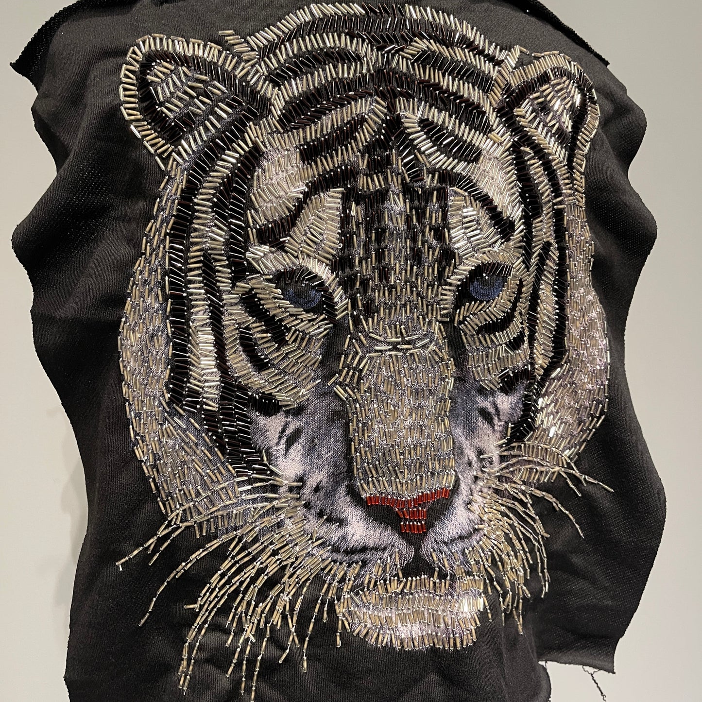 Extra Large Beaded White Tiger Head Patch | Tiger Head Print with Intricate Beading
