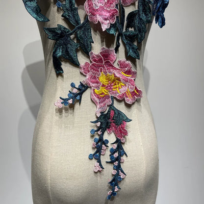 Large Floral Peony Embroidered Lace Patch | Pink Rose & Teal Leaf Bodice Applique for Dresses - 70x30cm⁠