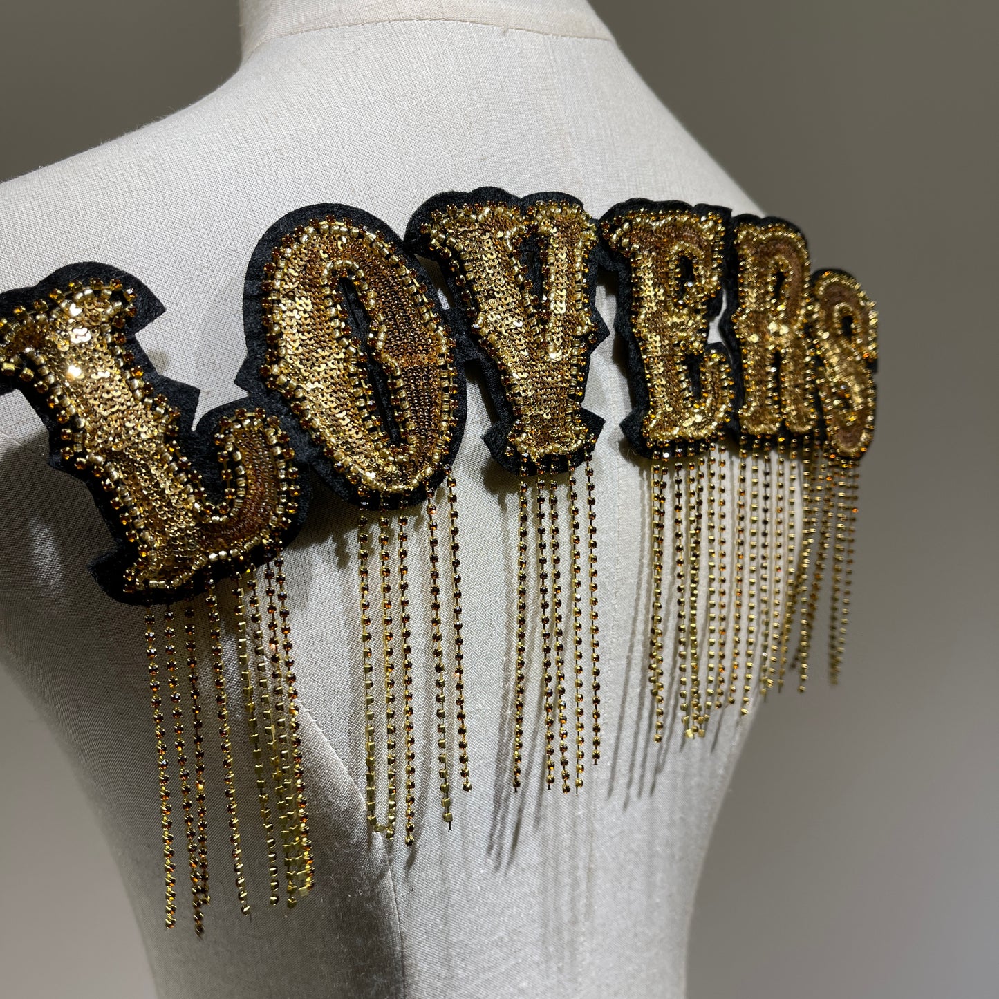 Gold Sequin LOVERS Letter Patch | Handmade Rhinestone Accents & Tassels