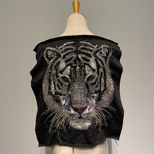 Extra Large Beaded White Tiger Head Patch | Tiger Head Print with Intricate Beading