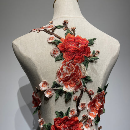 Large Floral Peony Embroidered Lace Patch | Orange Red & Pink Blossom Bodice Applique for Dresses - 70x32cm