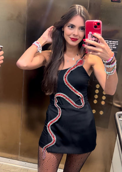 A customer wearing a black one-shoulder mini dress with a large red and silver sequined snake winding down the front, paired with fishnet stockings for a concert-inspired look.⁠