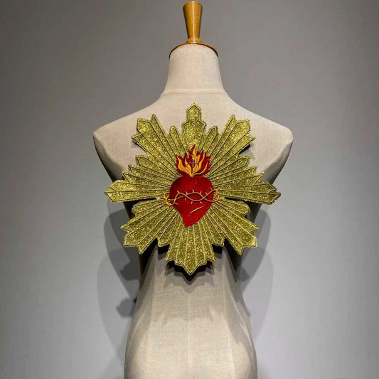 28cm x 28cm grand oversized gold sunburst sacred heart sequin embroidered jacket back patch on mannequin patchmanstore