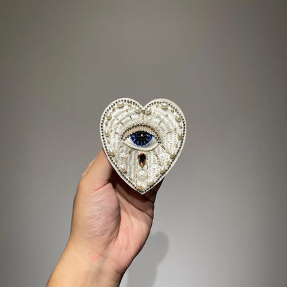 ⁠Handmade White Evil Eye Beaded Heart Patch | Embroidered Applique with Pearls, Sequins & Crystal - 9.5 x 8cm⁠