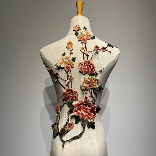 70cm large vintage floral embroidery patch featuring chinoiserie peonies and plum blossoms on a mannequin backpiece for couture wedding dress and jacket customization.⁠