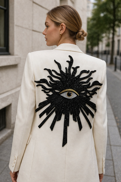 Chic blonde model wearing a white premium blazer jacket featured with an oversized black evil eye sequin back patch on a street, luxury custom streetwear styling ideas.