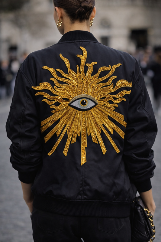 Trendy woman wearing a black luxury satin bomber jacket customized with an oversized metallic gold evil eye sequin back patch on a street, modern high-fashion streetwear outfit ideas.