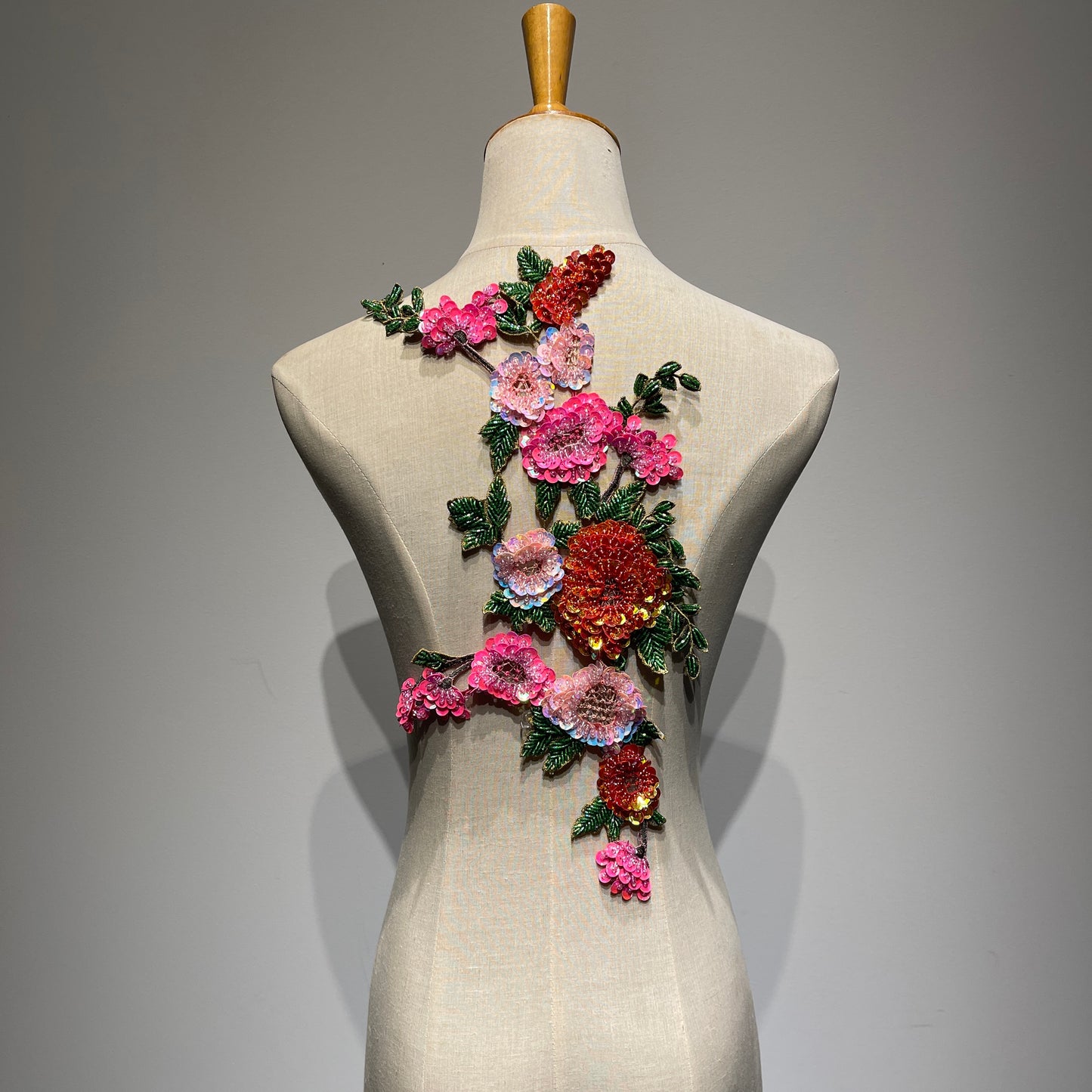 Large luxury heavy beaded floral patch with sequins and bugle beads displayed on a studio mannequin, perfect for denim jacket backs and apparel rework.⁠