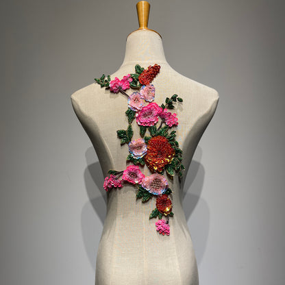 Large luxury heavy beaded floral patch with sequins and bugle beads displayed on a studio mannequin, perfect for denim jacket backs and apparel rework.⁠