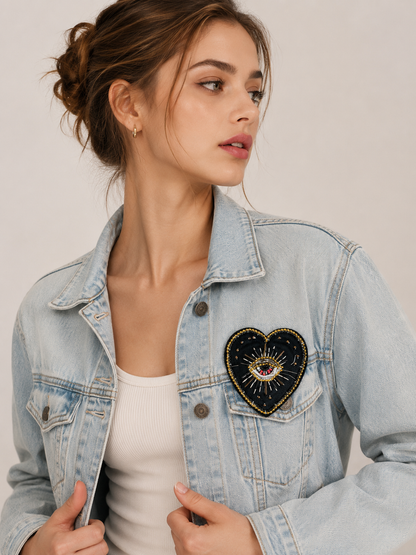 Model wearing a light blue denim jacket styled with a handmade black evil eye beaded heart patch - 9x8.5cm.