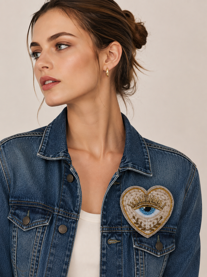 Model wearing a light blue denim jacket styled with a handmade evil eye beaded heart patch with gold embroidery and pearls - 10cm.