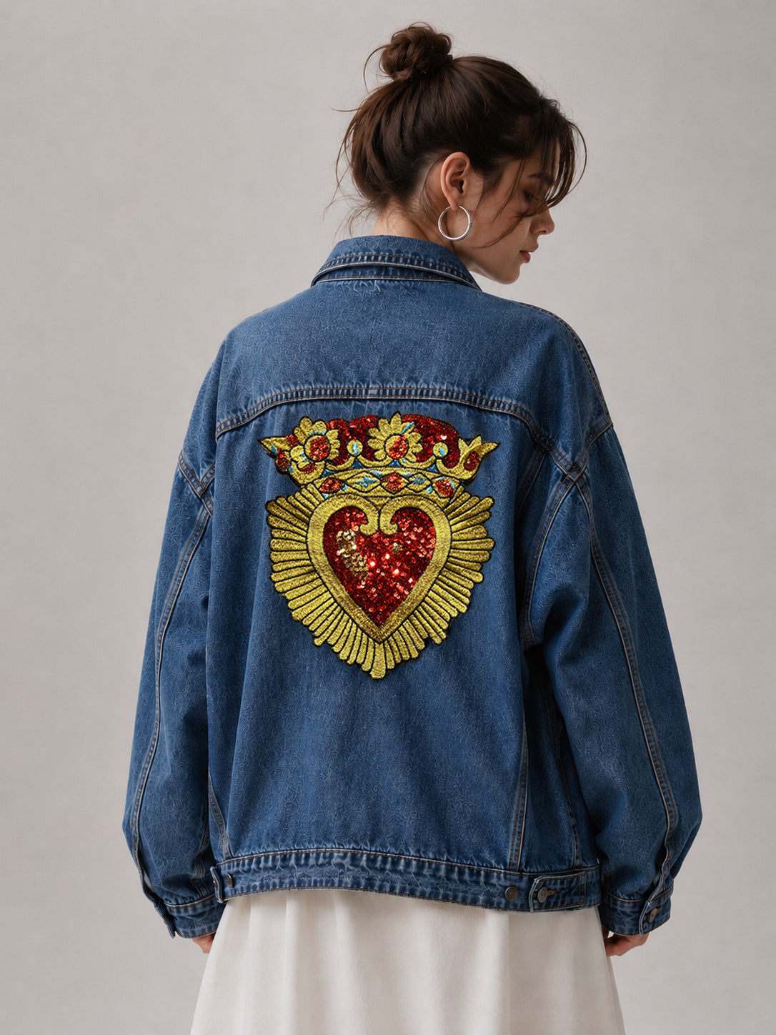 Sacred Heart Crown Sequin Patch for Jackets | Large Gold Sunburst Embroidered Back Motif (22.5cm x 23cm)