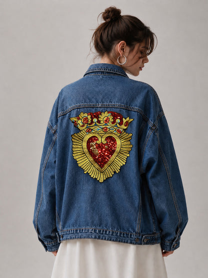 Sacred Heart Crown Sequin Patch for Jackets | Large Gold Sunburst Embroidered Back Motif (22.5cm x 23cm)