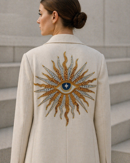 On-model look of oversized gold and silver sunburst mystic evil eye sequin patch on a luxury cream blazer coat back patchmanstore
