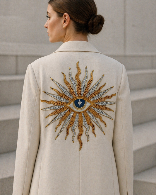 On-model look of oversized gold and silver sunburst mystic evil eye sequin patch on a luxury cream blazer coat back patchmanstore