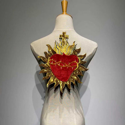29cm x 24.5cm sacred heart embroidered patch with rich red velvet and sparkling gold metallic sequins patchmanstore
