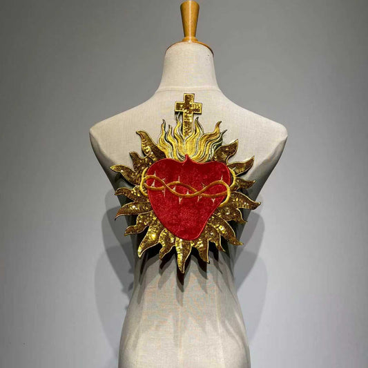 29cm x 24.5cm sacred heart embroidered patch with rich red velvet and sparkling gold metallic sequins patchmanstore