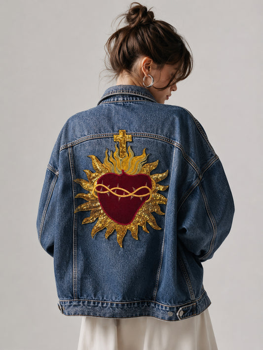 On-model lifestyle look of 29cm crimson red velvet sacred heart patch with gold sequins on the back of a vintage denim jacket patchmanstore